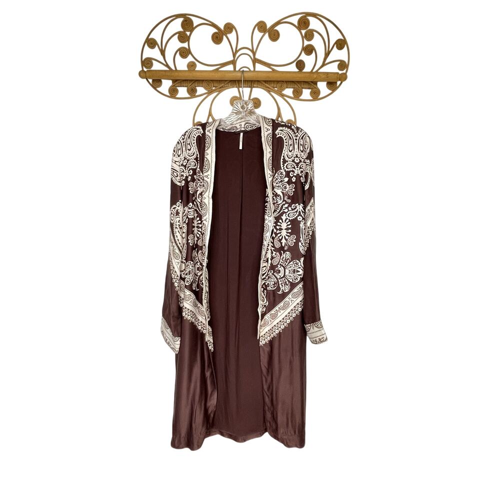 Free People Brown Bandana Printed Longline Satin Topper Cardigan - Picture 2 of 8